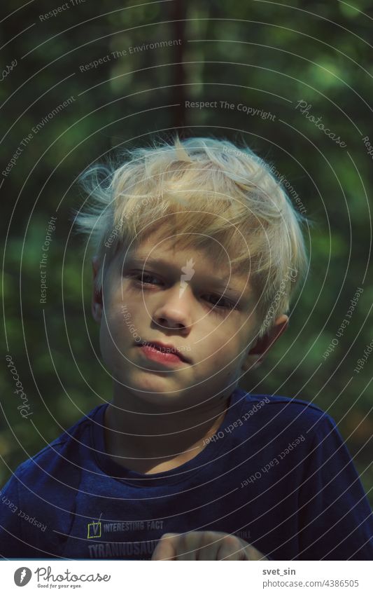Portrait of a blond boy with tousled hair outdoors on the background of a summer green forest. blonde child portrait nature sunny beauty face summertime