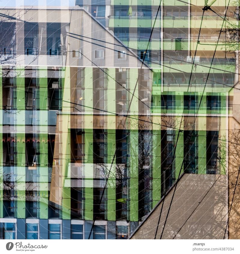 Uncomfortable living dwell block of houses Apartment house Balcony Green Abstract Crazy Colour Double exposure Facade Irritation Architecture Perspective