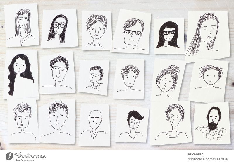 faces Face people Woman Man Many Earmarked Drawing Art Copy Space background White whiter women portrait portraits Funny Drawings Human being group Friends