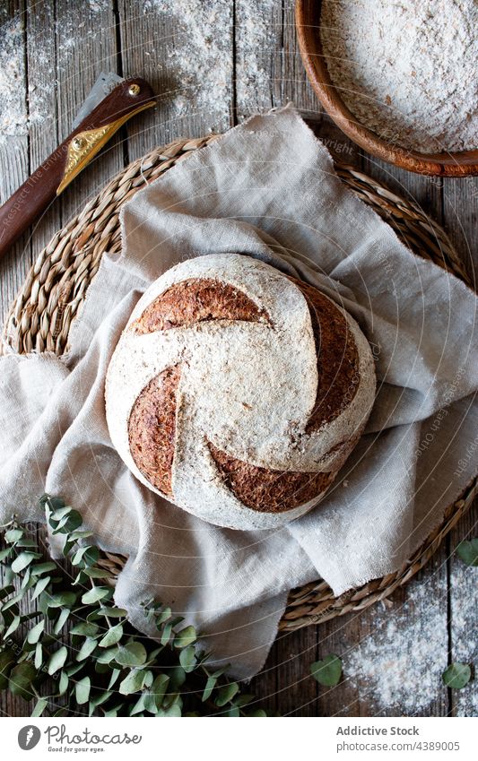 Loaf of sourdough bread baked fresh food rye healthy organic grain delicious traditional homemade soft flour tasty appetizer breakfast lush cereal natural wheat