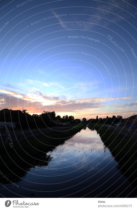 Evening sky with river River evening sky Nature Back-light Romance Horizon Clouds Moody Atmosphere Illuminate mirror reflect Wanderlust Longing Water bank