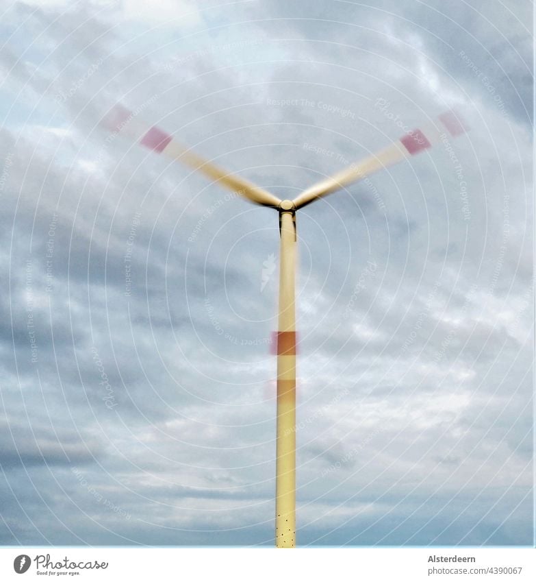 Wind turbine with rotating blades two disappearing in the clouds one parallel to the tower Pinwheel turning Grand piano Rotor blades Clouds Blue White windy