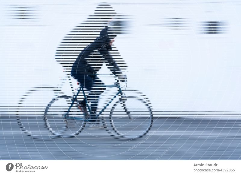 stripes image, movement of a cyclist with black jacket on white background bike bicycle look cropped speed double exposure outdoors wall street road tire sport
