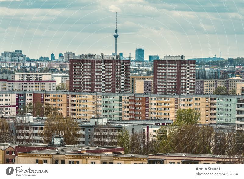 Sea of houses, section of a housing estate in Berlin-Marzahn with tv tower aerial ahrensfelde apartments architecture berlin building buildings cities city