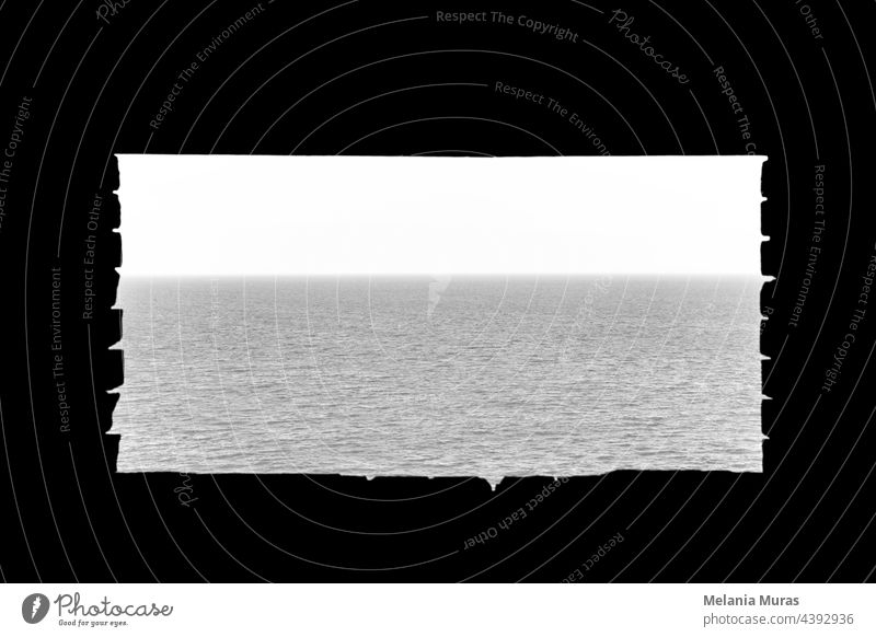 Window with the view on a sea, freedom concept. Architecture and nature, black and white, seascape, dreamlike. Sea water surface, Minimalistic Seascapes.