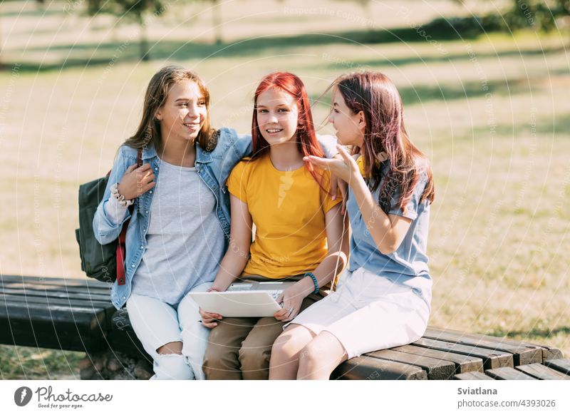 A group of teenage girls is sitting on a park bench and preparing for classes together, discussing homework and having fun. Time together, friends, friendship, training.