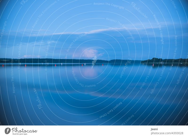 Quiet blue hour at the lake Lake Lakeside Evening Dusk Water Calm Moody Clouds Sky Twilight Sunlight Swimming lake Bathing establishment demarcation Buoy buoys