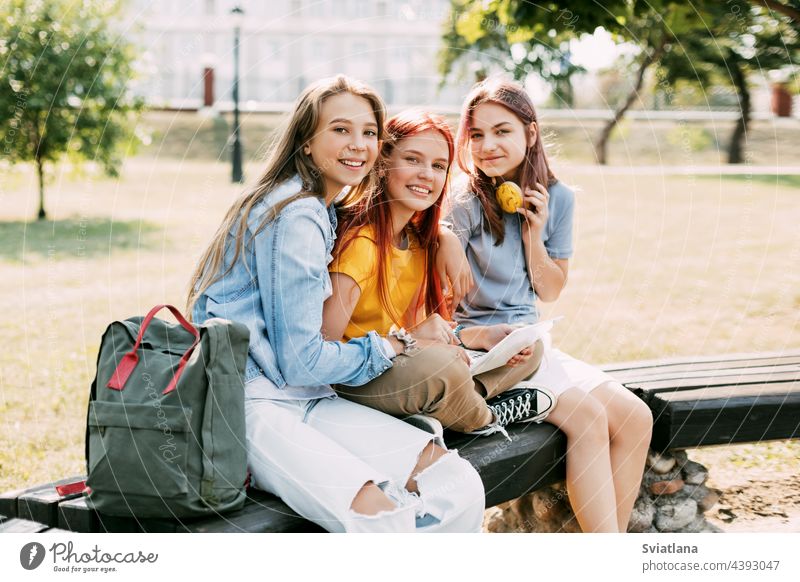 Three schoolgirls are sitting on a park bench, talking, preparing together with the lesson. The concept of training and education students laptop friendship