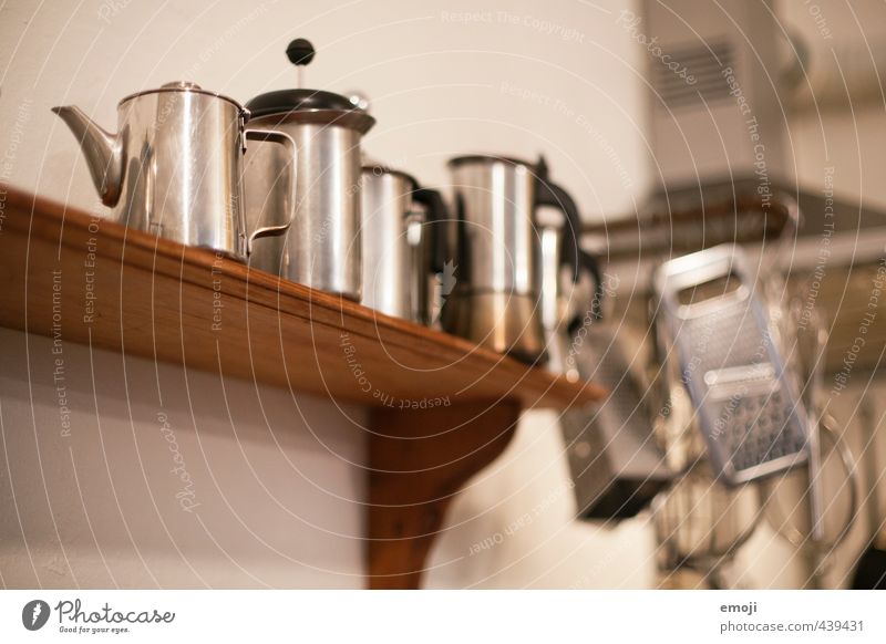 silver Kitchen Manual cooking appliances Coffee pot Shelves High-grade steel Metalware Old Esthetic Colour photo Subdued colour Interior shot Deserted