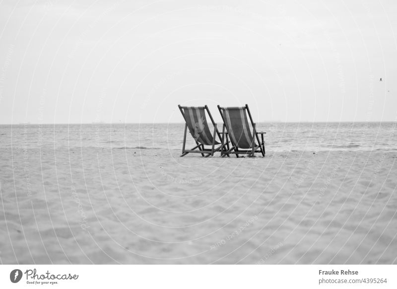 A place for two - two empty deck chairs on the beach overlooking the sea Beach Deckchair deckchairs sea view Vacation & Travel Ocean Summer Relaxation Tourism