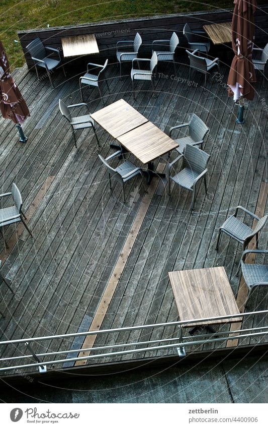 Beer garden without gastronomy restaurant Chair Terrace Table Bird's-eye view Wait Waiting room Gastronomy Empty Deserted Closed day of rest Furniture