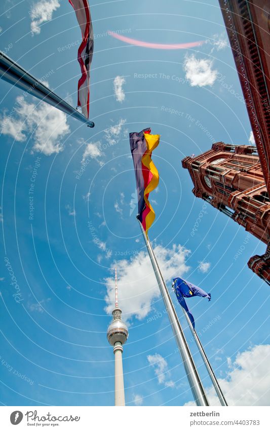 Berlin, Red City Hall and TV Tower with waving flags alex Alexanderplatz Architecture Office Germany Worm's-eye view Capital city House (Residential Structure)