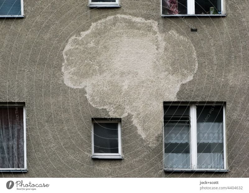 big blotch like a speech bubble on the front of a house Facade Window Inspiration Past Curtain Ravages of time Rendered facade Water damage Speech bubble Patch