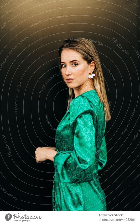Elegant woman in dress on brown background style elegant green trendy charming appearance outfit serene female fashion tranquil personality grace apparel vogue