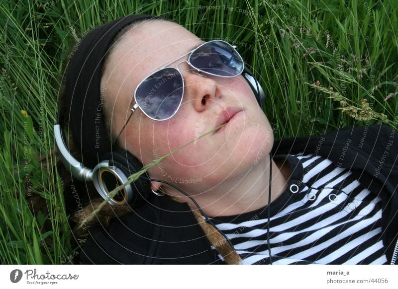 Meadow-Nina Sunglasses Headphones Blade of grass Relaxation Summer Striped Grass Woman Sky Music T-shirt chilly