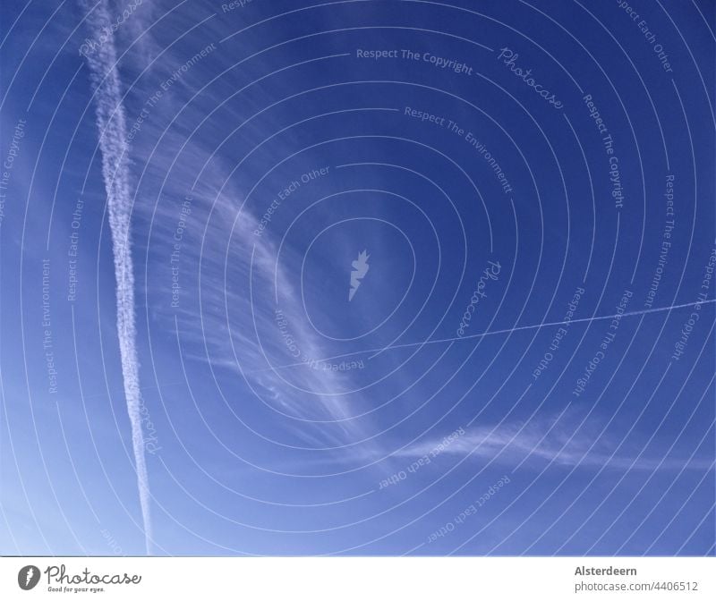 condensation trails in the sky Vapor trail Blue sky Azure blue Summer beautiful day Sky Beautiful weather Exterior shot Clouds Day Deserted Colour photo