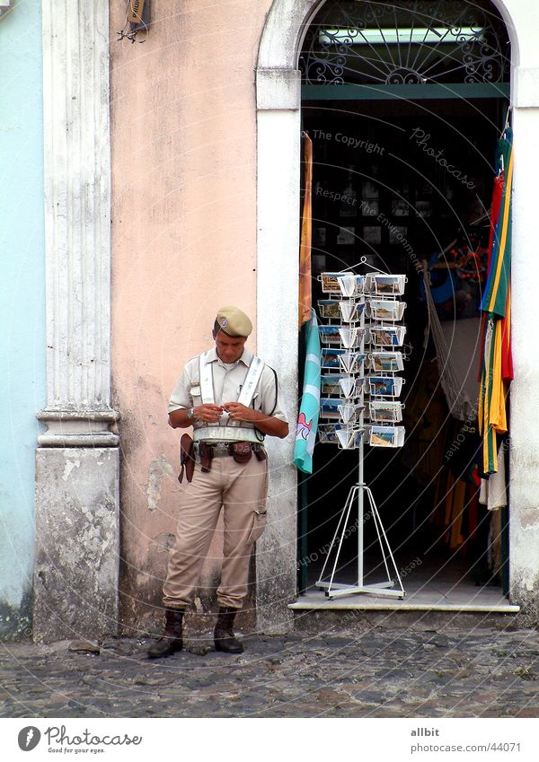 seguridad del público Army Man Americas Brazil South America Salvador de Bahia Soldier Tourist Town Police Officer Street Store premises Card