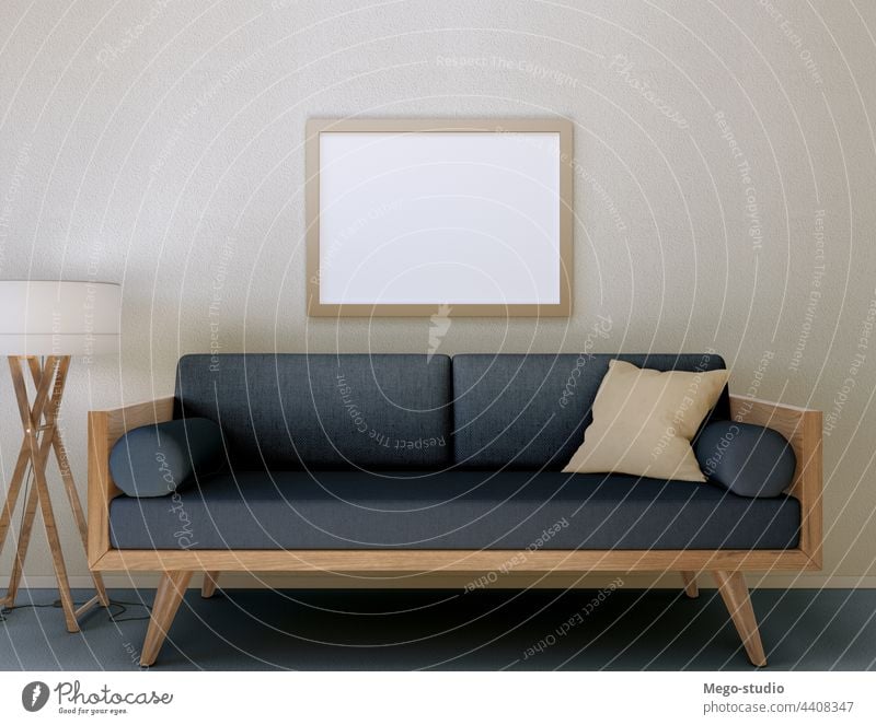 3D Illustration. Mockup of a blank poster frame hanging on the wall. 3d mockup decoration living room modern interior design concept empty decorative graphic