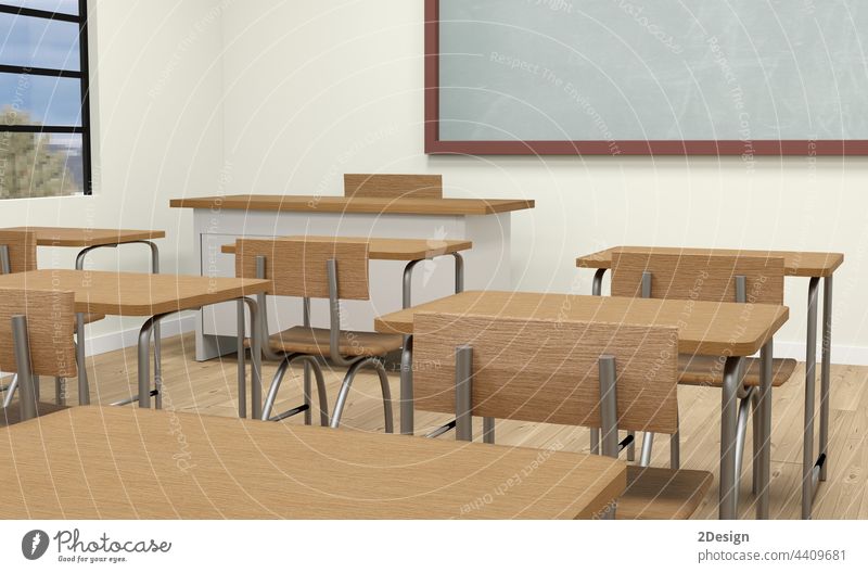 Empty school classroom interior 3d illustration blackboard desk education chair empty indoor lesson seat study nobody floor learn training university college