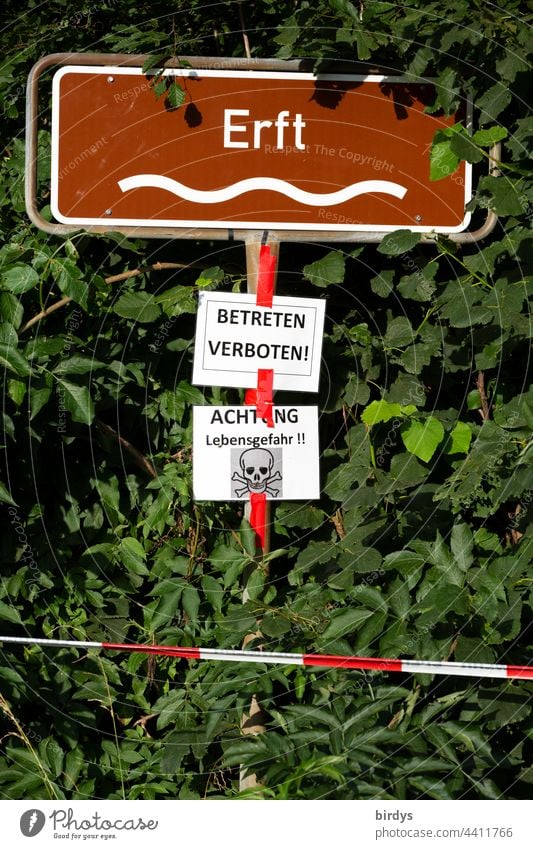 Warning notice on a bridge of the Erft after the flood disaster in Erftstadt - Blessem where a flood of the Erft caused devastating damage. Danger of Life sign