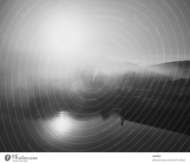 obscured Fog Panorama (View) Light Glittering bank Mysterious Mystic Nature Water Morning Autumn Deserted shine Water reflection windless silent Hazy Haze