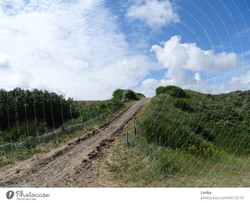 Way uphill through the green with sky and clouds on Langeoog Lanes & trails Sky Clouds Success perseverance hold on Future Confidence" Landscape Green Blue