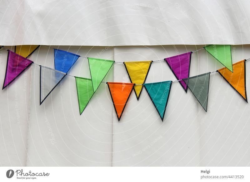 colourfully decorated - colourful flags hanging on a white tent wall Decoration decoration Adorned variegated Tent Plastic jagged Feasts & Celebrations