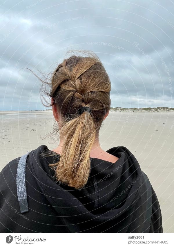 Beach Wind Hairstyle hair hairstyle Braids Plaited Hair and hairstyles Long-haired Woman Brunette Feminine Disheveled Sandy beach duene Back of the head Blow