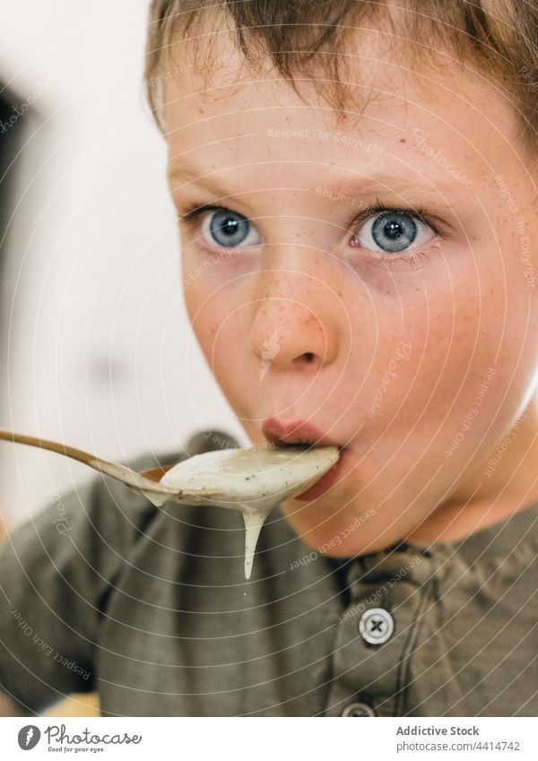 Child with spoon eating cream soup child lick lunch boy meal food home kid dish tasty kitchen cute yummy cuisine nutrition healthy appetite adorable delicious