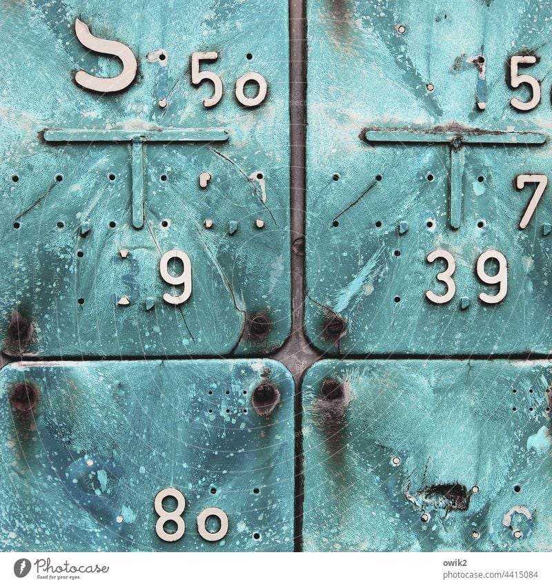 Inexplicable Signs and labeling Digits and numbers Plastic Ravages of time Colour photo Tracks Old Unclear Detail Close-up Structures and shapes Exterior shot