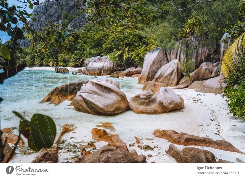 La Digue, Seychelles. Hiking tour around tropical exotic paradise island with granite boulders and coconut palm trees beach seychelles digue sand ocean tourism
