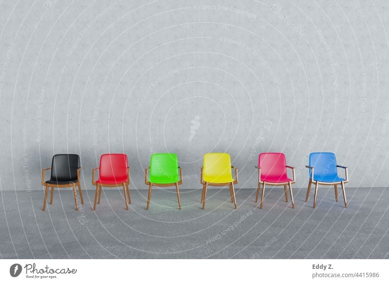 Different chairs in different colors. With colors we open up the world of political direction. Red, black, green, yellow, blue, purple, blue are elementary orientation patterns. Seats symbol for Bundestag in federal elections.