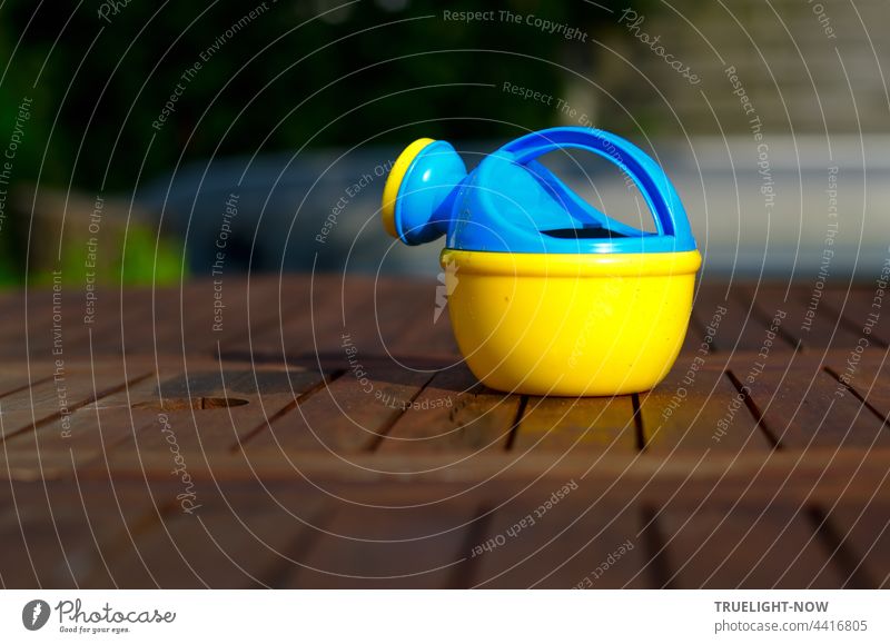 Colorful watering can. Waiting on the garden table. For children's hands. Garden Garden table Wood Watering can children's watering can variegated blue-yellow