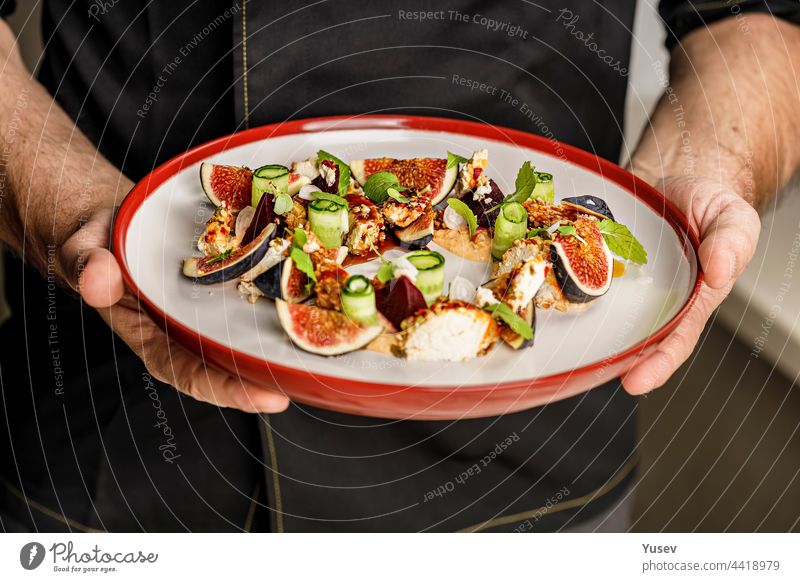 People at work. The chef's hands are holding a plate with summer salad with ripe figs, goat chevre cheese, fresh cucumber roll, beetroot and mustard leaves with tomato sauce. Restaurant dish