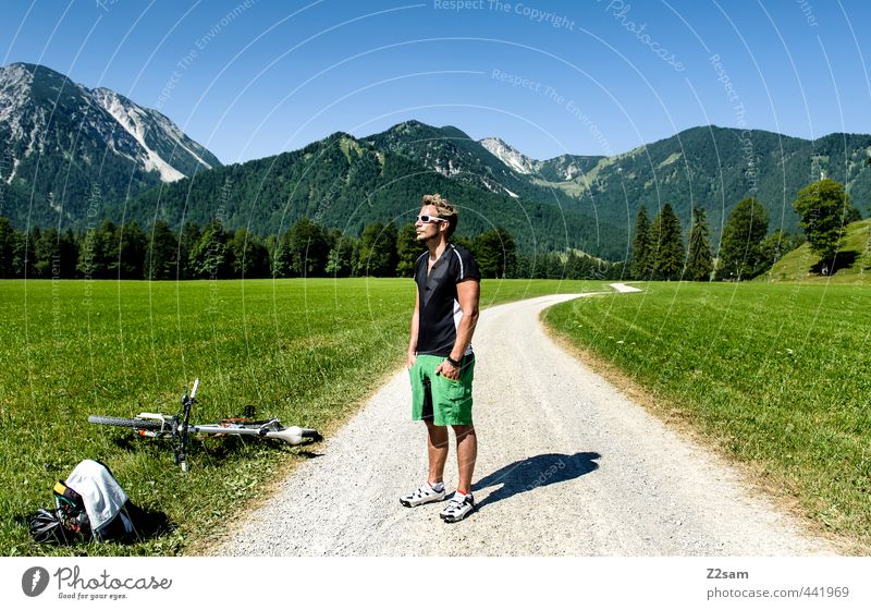biker Lifestyle Style Cycling Young man Youth (Young adults) 1 Human being 18 - 30 years Adults Nature Landscape Summer Beautiful weather Meadow Alps Mountain