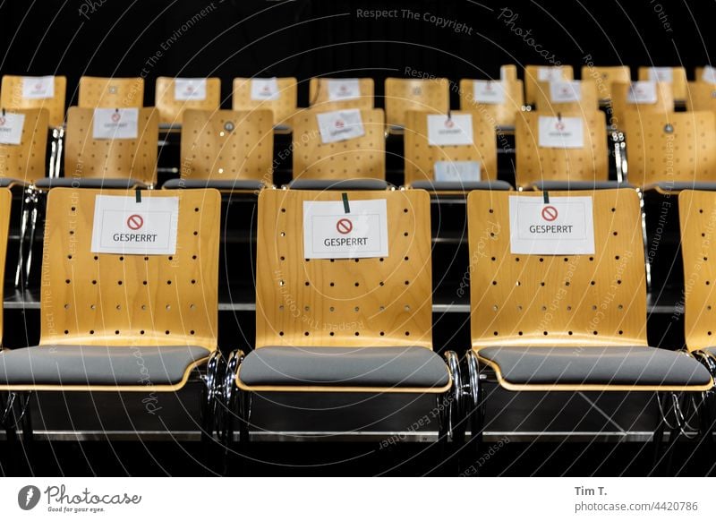 Corona in the theater ... Blocked seats Barred Chair Theatre University Deserted Seating Empty Row of seats Furniture Colour photo chairs Free Row of chairs