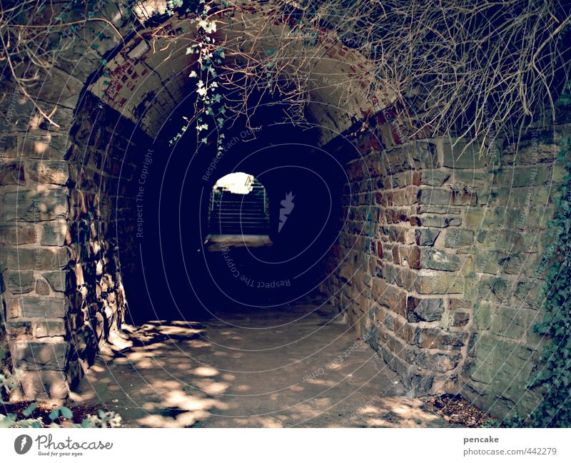 tunnel vision Old town Deserted Train station Bridge Tunnel Gate Wall (barrier) Wall (building) Stone Sign Safety Protection Exhaustion Sleeping place Crawl