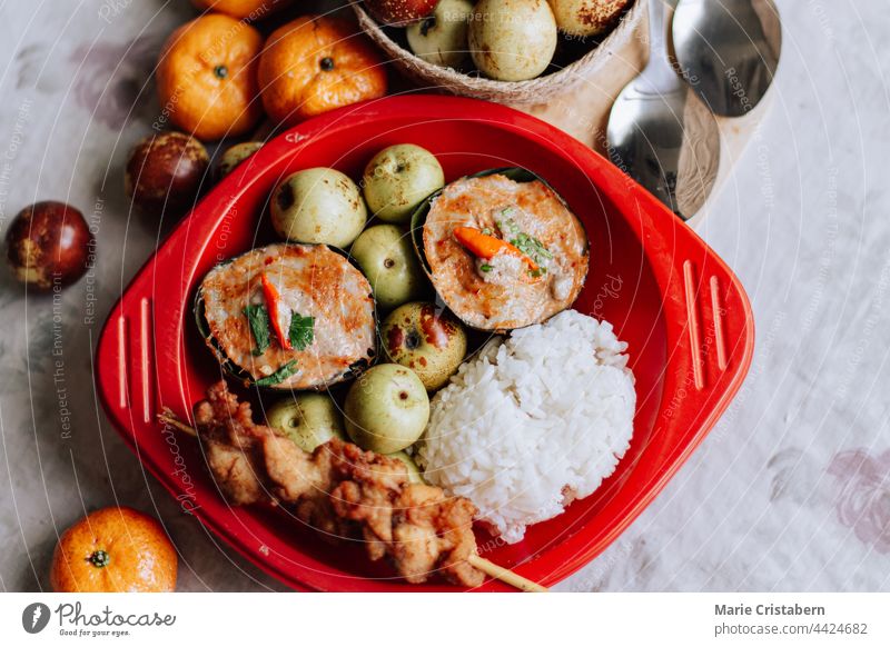 top view Steamed Curried Fish or Haw Moak, a traditional Thai local delicacy steamed curried fish haw moak haw mok traditional thai food thai local food