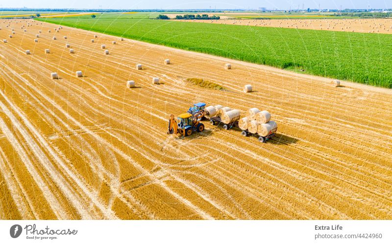 Above view of agricultural field, collecting round bales of straw Aerial Agricultural Agriculture Bale Cargo Carry Cereal Covered Enveloped Excavator Farmer