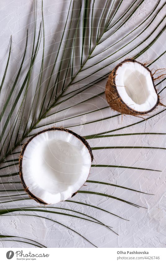 Two halves of coconut on palm leaf and on table directly above flat lay dieting fruit dessert concept pieces two brown harvest tropical healthy eating close-up