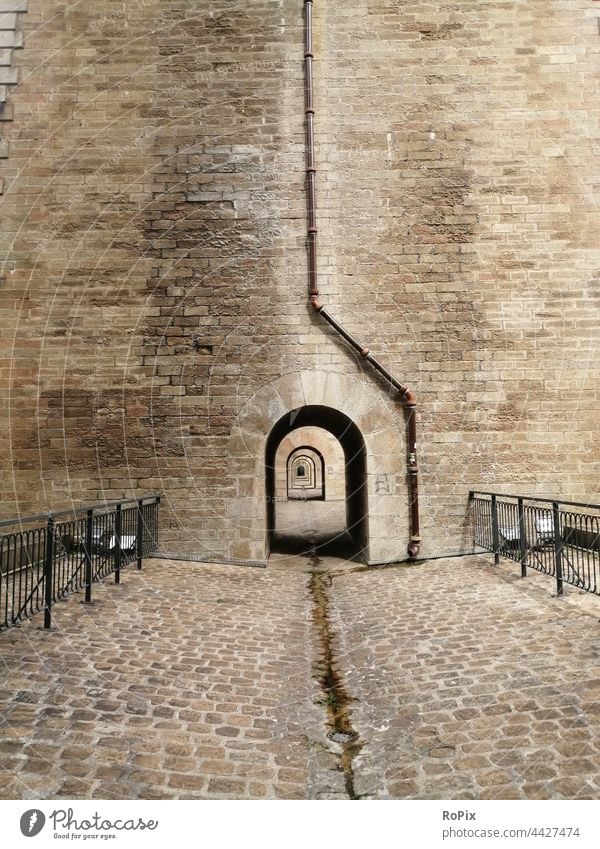 Footpath in the viaduct of Morlaix. Wall (barrier) stone blocks Wall (building) rampart Sandstone Architecture City wall Town urban Truck castle masonry manner