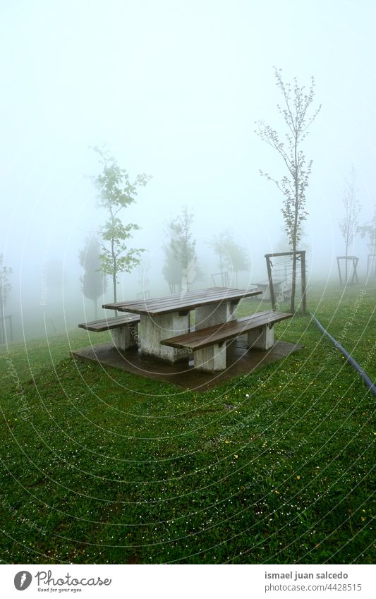 wooden bench in the mountain in foggy days forest autumn winter moody atmosphere moody weather mist park outdoors alone empty old seat sit sitting resting