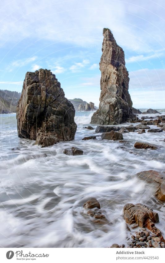 Rocky formations and wavy sea rock wave coast beach Silence Beach nature landscape seascape shore spain playa del silencio asturias wild rocky scenery ocean