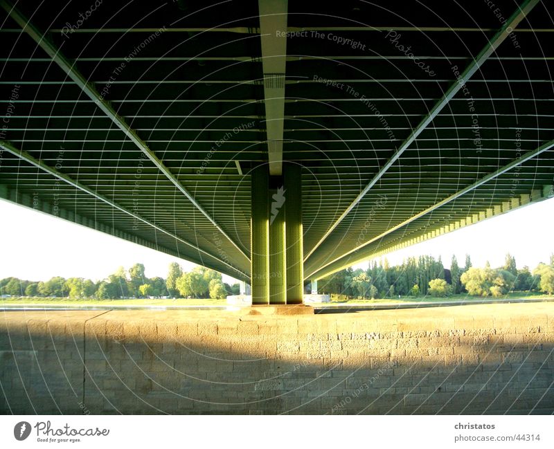 A4 across the Rhine in Cologne Highway Steel Green Manmade structures Tree Sunlight Light Bridge Under a bridge Water Nature Shadow Stone Coast