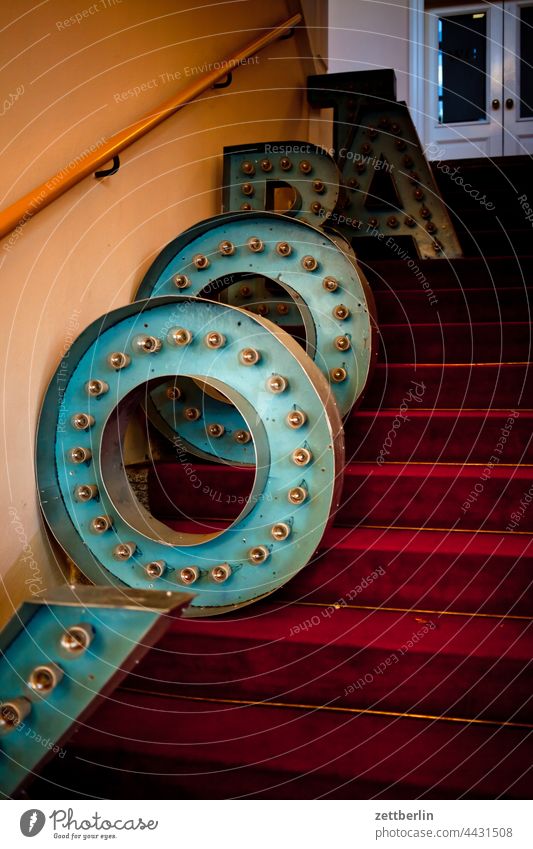 Old neon letters on a staircase leap Composing room writing Write Advertising publicity outdoor advertising single letter Word Remark botschy info Information