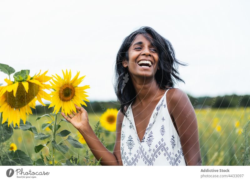 Smiling Indian woman in field with blooming sunflowers smile sincere gentle romantic friendly countryside portrait ornament cloth floral meadow nature enjoy