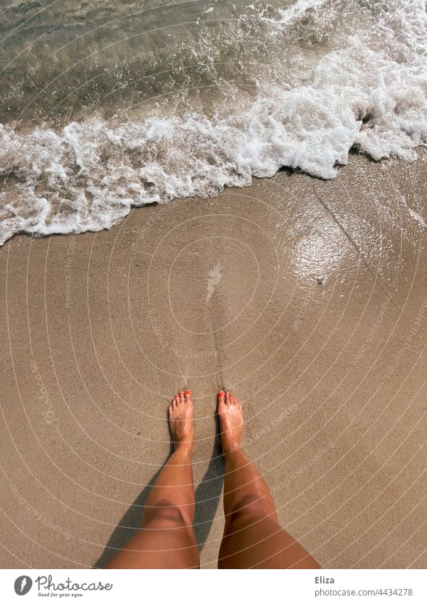 Bare feet in sandy beach by the sea Sandy beach Legs Ocean Beach Naked Barefoot vacation wave Summer Woman Water Summer vacation Stand Vacation & Travel Wet