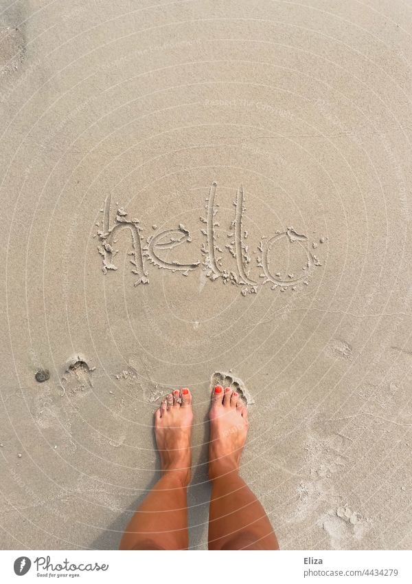 hello written in the sand on the beach Hello Sand Beach Welcome vacation feet holidays Sandy beach Exterior shot Barefoot Summer Woman Summer vacation authored