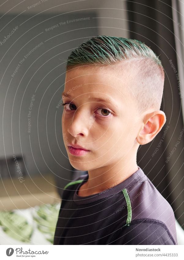 Portrait of an 8 year old boy with green hair Portrait photograph Face Human being Boy (child) Child Infancy Caucasian Cute kid one Beautiful young casual