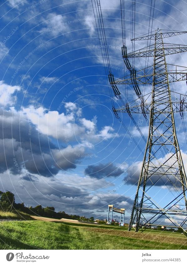 power pole Electricity Electricity pylon Conduct Transmission lines Clouds Blue Energy industry Cable Sky